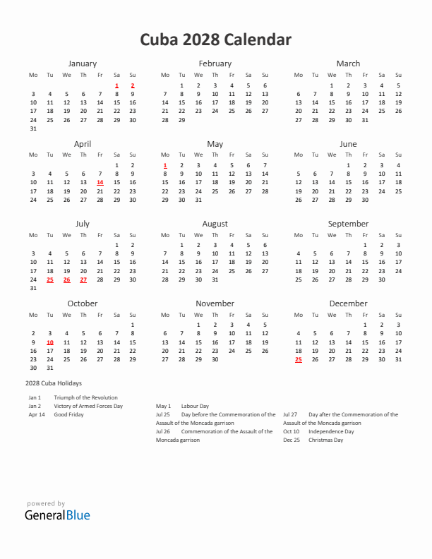 2028 Yearly Calendar Printable With Cuba Holidays