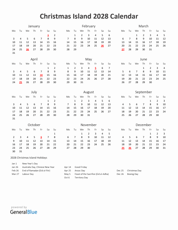 2028 Yearly Calendar Printable With Christmas Island Holidays