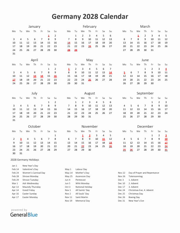 2028 Yearly Calendar Printable With Germany Holidays