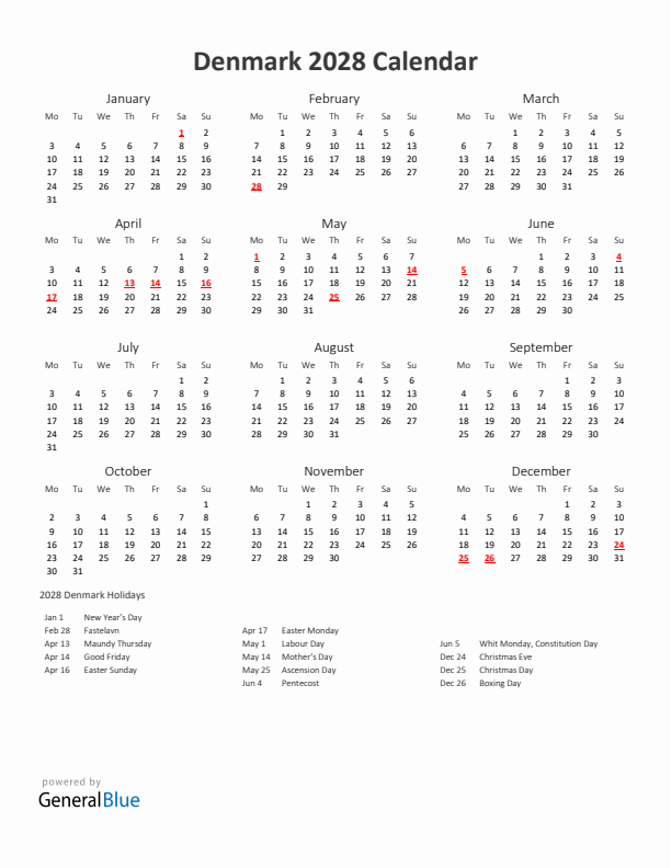 2028 Yearly Calendar Printable With Denmark Holidays