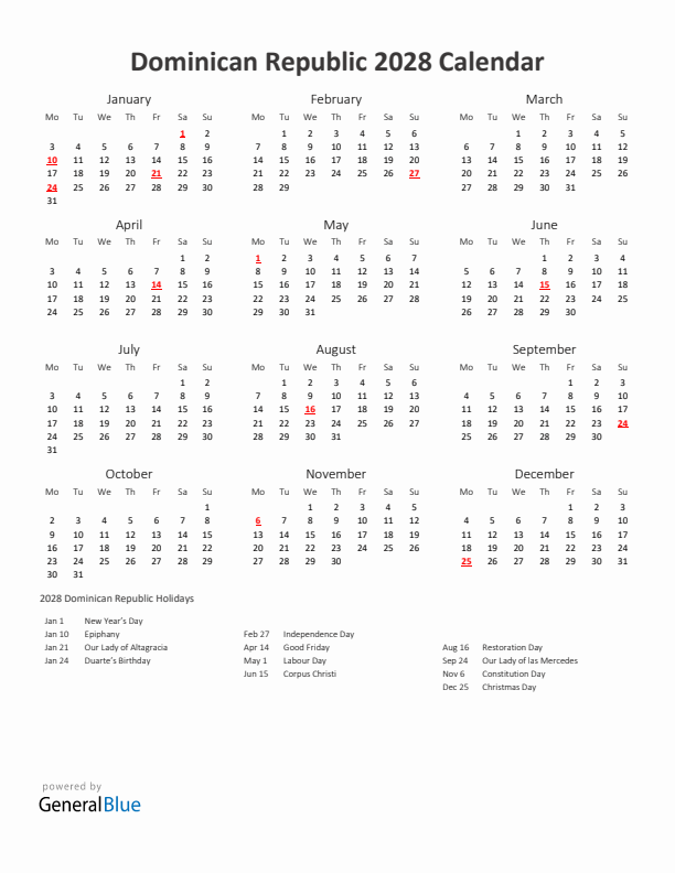 2028 Yearly Calendar Printable With Dominican Republic Holidays