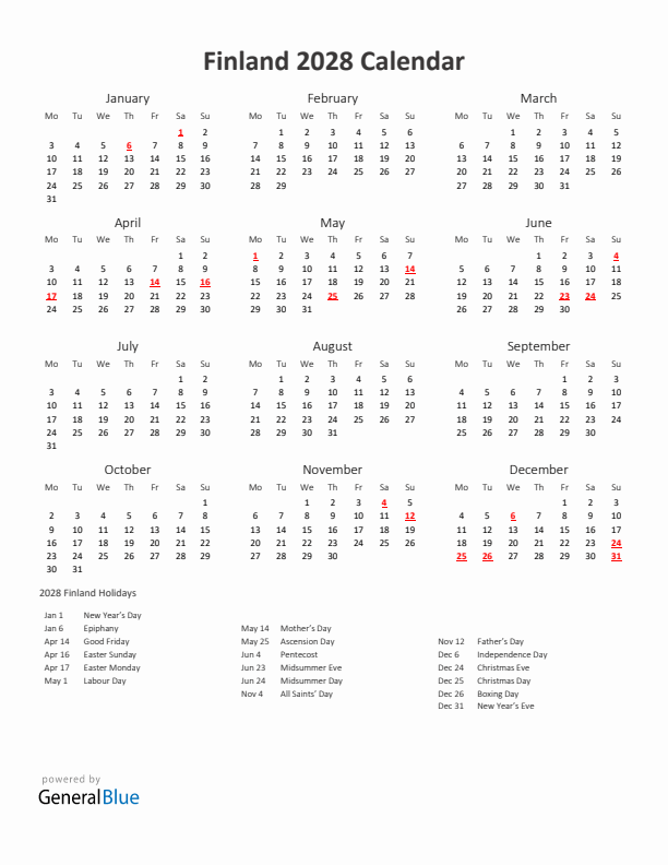 2028 Yearly Calendar Printable With Finland Holidays