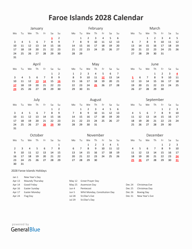 2028 Yearly Calendar Printable With Faroe Islands Holidays