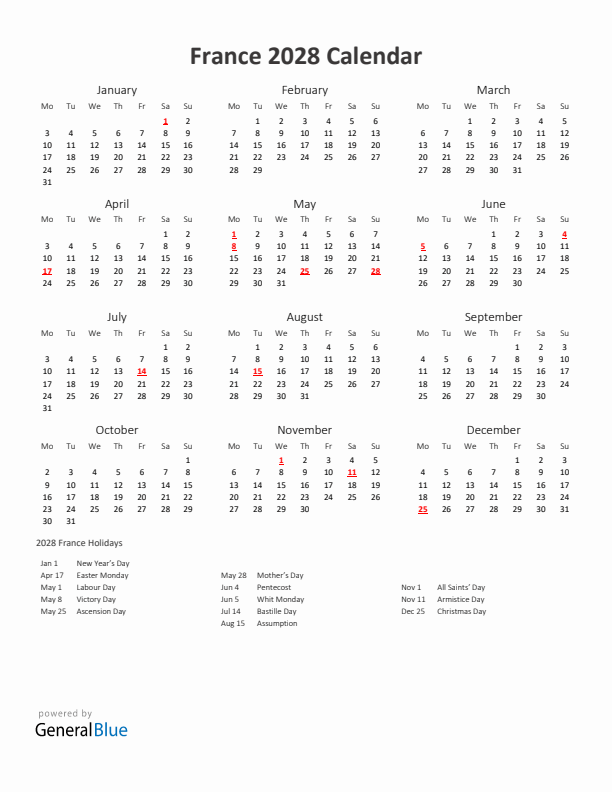 2028 Yearly Calendar Printable With France Holidays