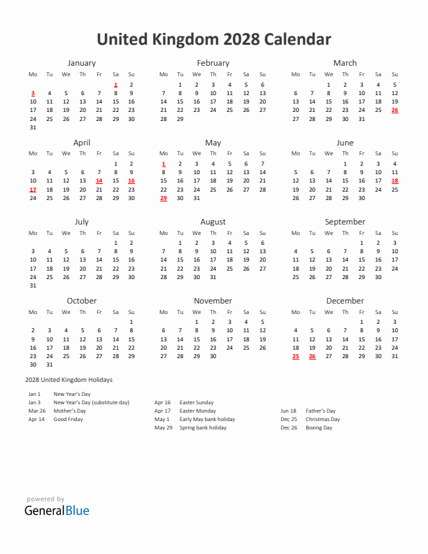 2028 Yearly Calendar Printable With United Kingdom Holidays
