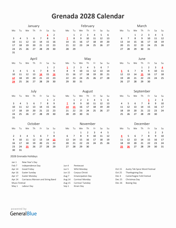 2028 Yearly Calendar Printable With Grenada Holidays