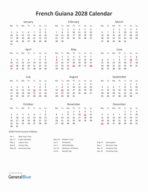 2028 Yearly Calendar Printable With French Guiana Holidays