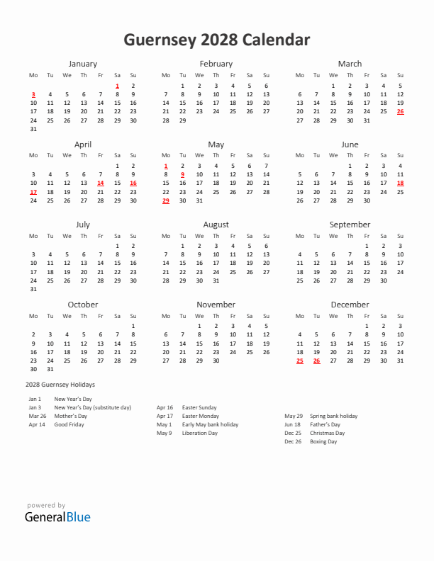 2028 Yearly Calendar Printable With Guernsey Holidays