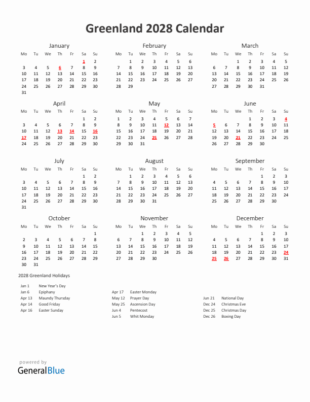 2028 Yearly Calendar Printable With Greenland Holidays