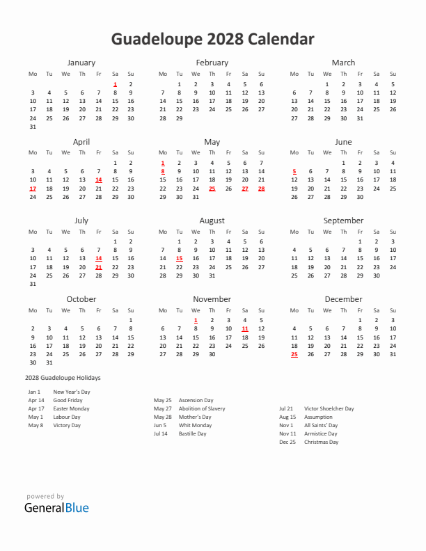 2028 Yearly Calendar Printable With Guadeloupe Holidays