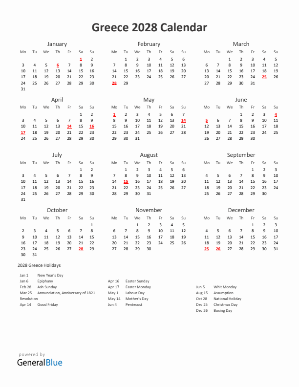 2028 Yearly Calendar Printable With Greece Holidays