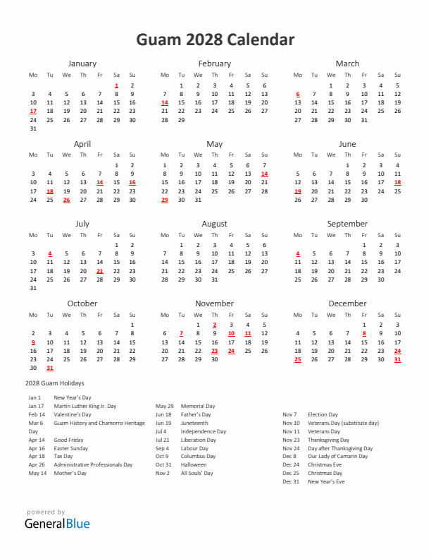 2028 Yearly Calendar Printable With Guam Holidays