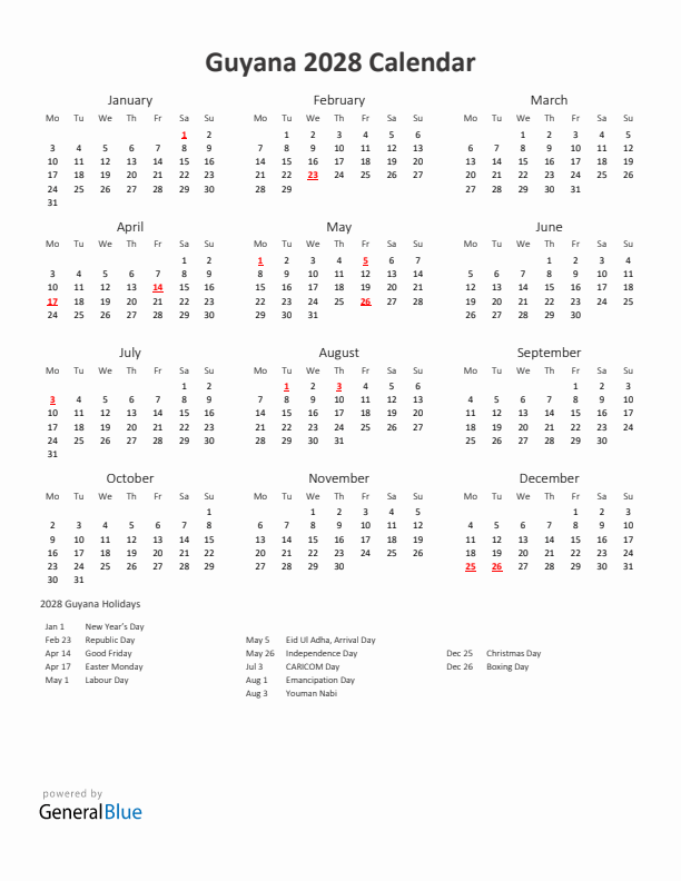2028 Yearly Calendar Printable With Guyana Holidays