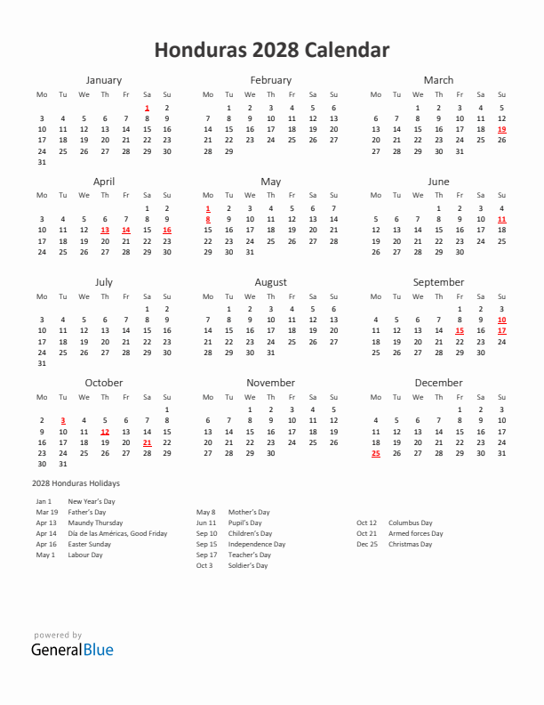 2028 Yearly Calendar Printable With Honduras Holidays
