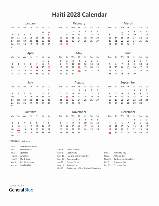 2028 Yearly Calendar Printable With Haiti Holidays