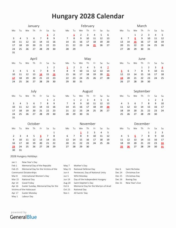 2028 Yearly Calendar Printable With Hungary Holidays