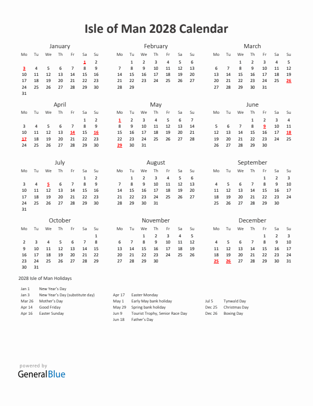 2028 Yearly Calendar Printable With Isle of Man Holidays