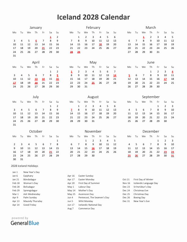 2028 Yearly Calendar Printable With Iceland Holidays