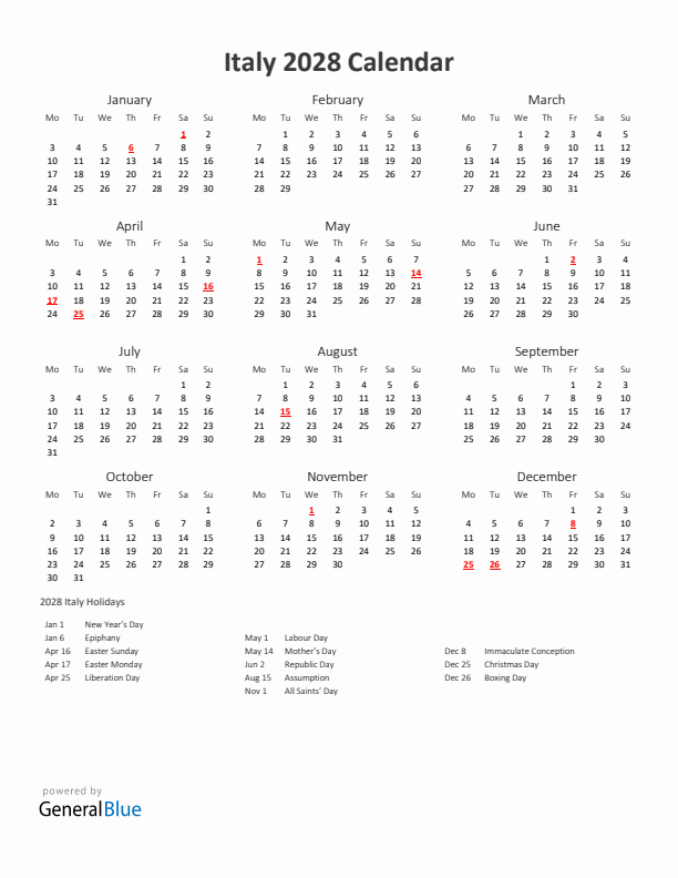 2028 Yearly Calendar Printable With Italy Holidays