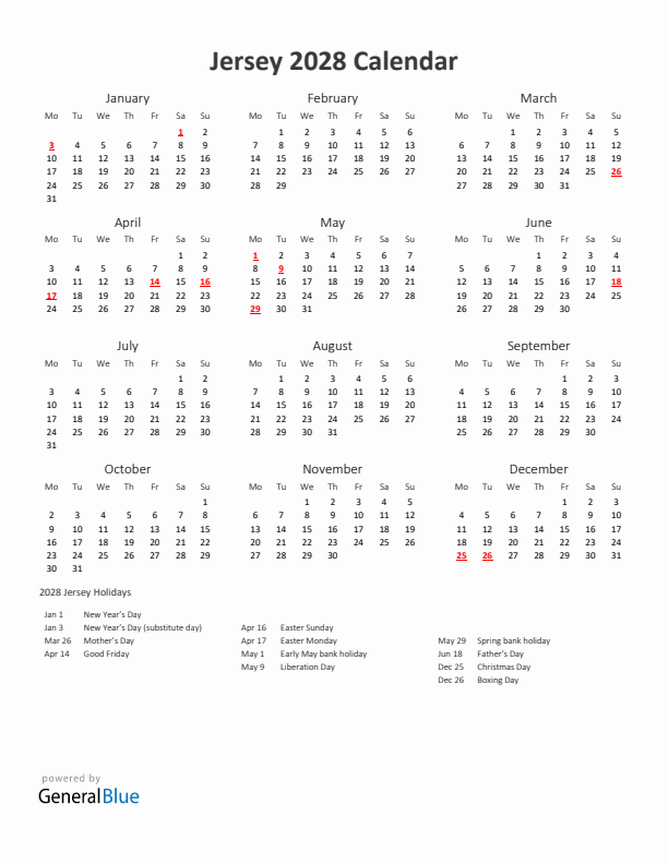 2028 Yearly Calendar Printable With Jersey Holidays