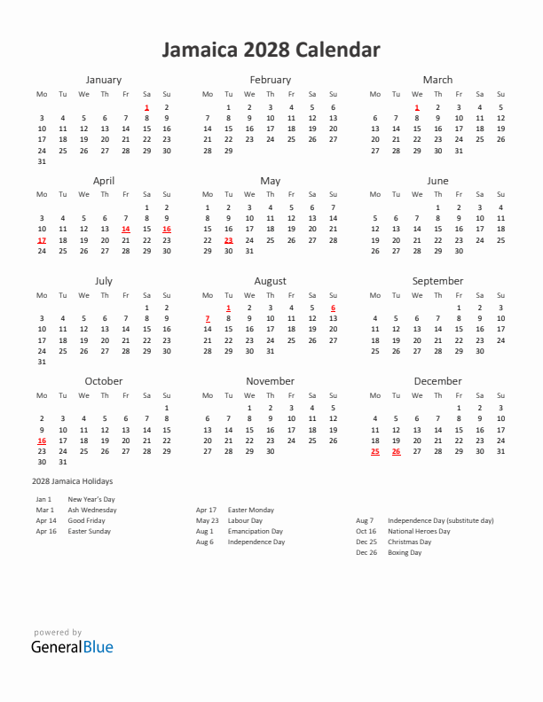 2028 Yearly Calendar Printable With Jamaica Holidays
