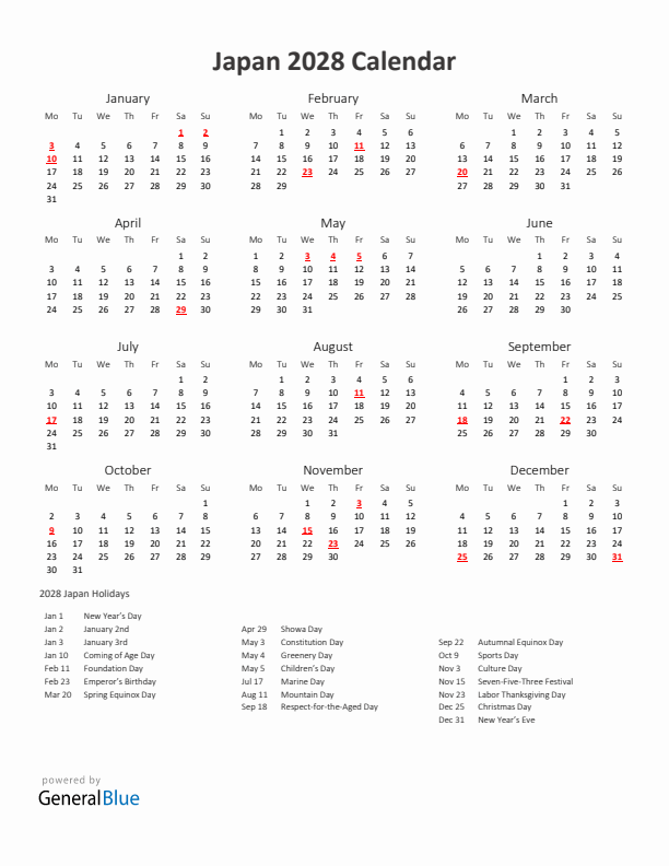 2028 Yearly Calendar Printable With Japan Holidays