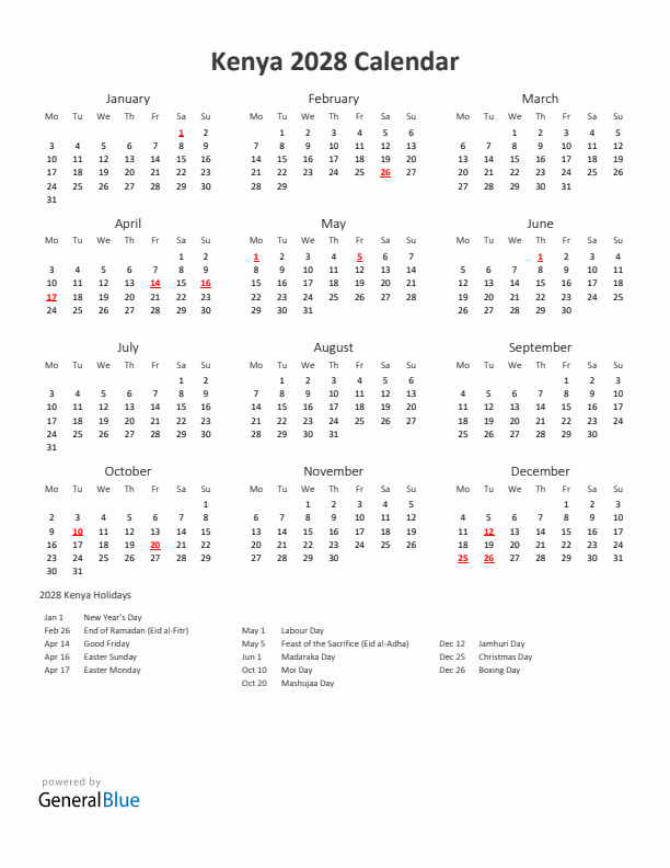 2028 Yearly Calendar Printable With Kenya Holidays