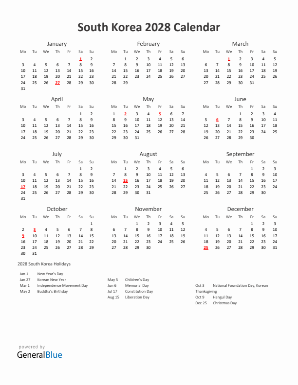 2028 Yearly Calendar Printable With South Korea Holidays