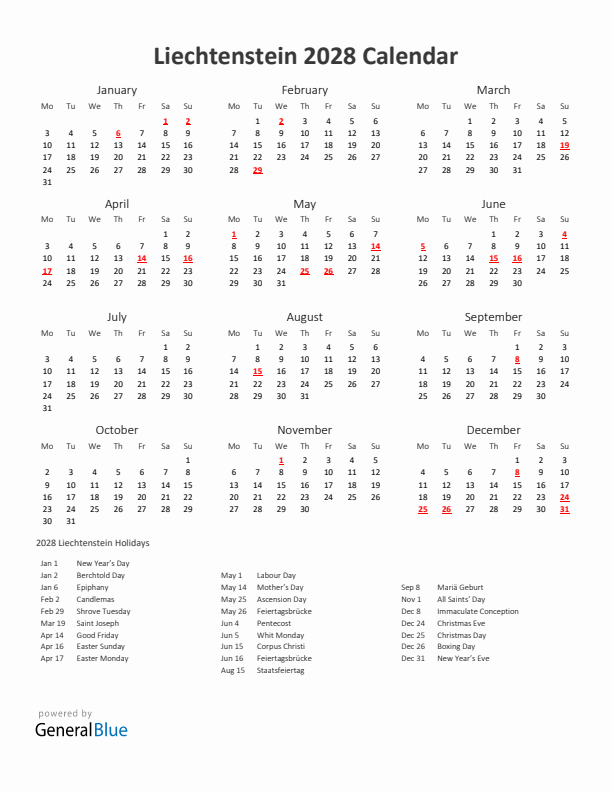 2028 Yearly Calendar Printable With Liechtenstein Holidays