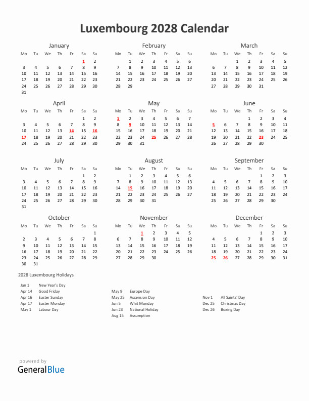 2028 Yearly Calendar Printable With Luxembourg Holidays