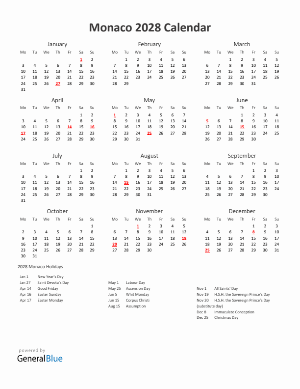 2028 Yearly Calendar Printable With Monaco Holidays