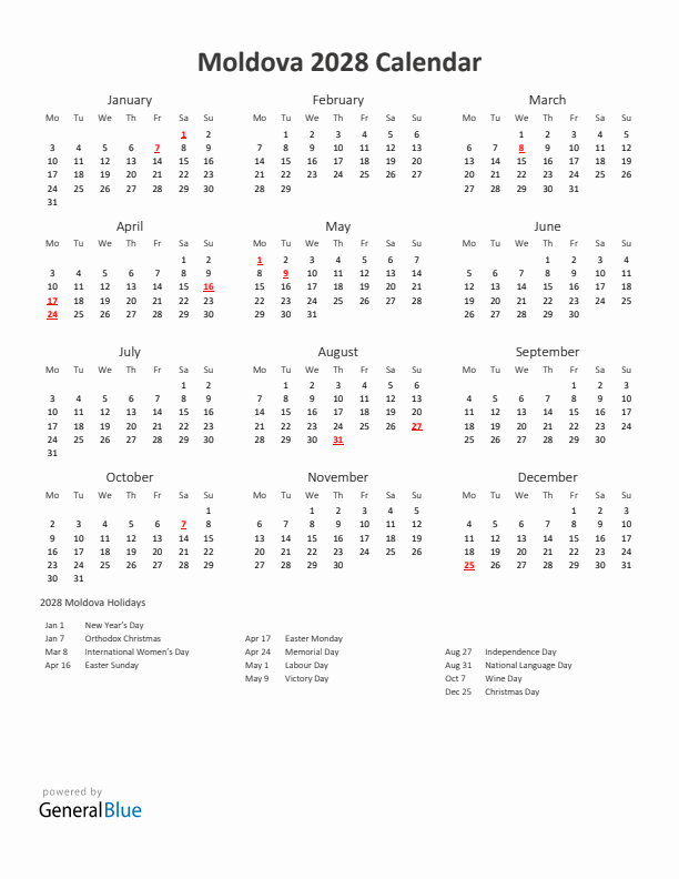 2028 Yearly Calendar Printable With Moldova Holidays