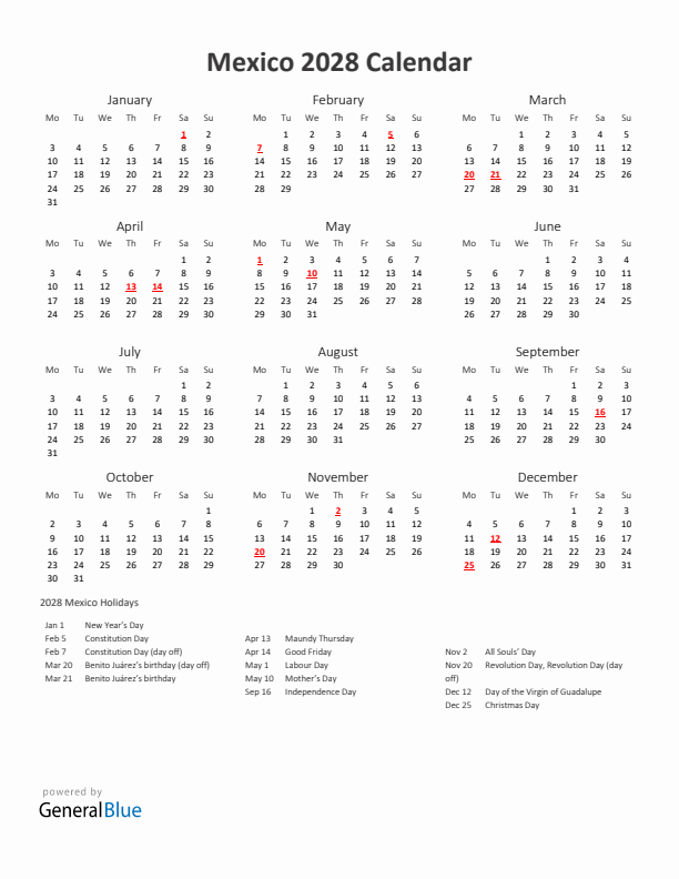 2028 Yearly Calendar Printable With Mexico Holidays