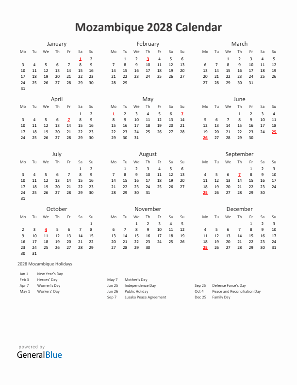 2028 Yearly Calendar Printable With Mozambique Holidays