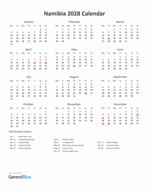 2028 Yearly Calendar Printable With Namibia Holidays
