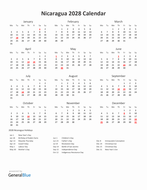 2028 Yearly Calendar Printable With Nicaragua Holidays