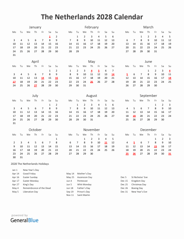 2028 Yearly Calendar Printable With The Netherlands Holidays