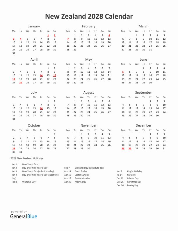 2028 Yearly Calendar Printable With New Zealand Holidays