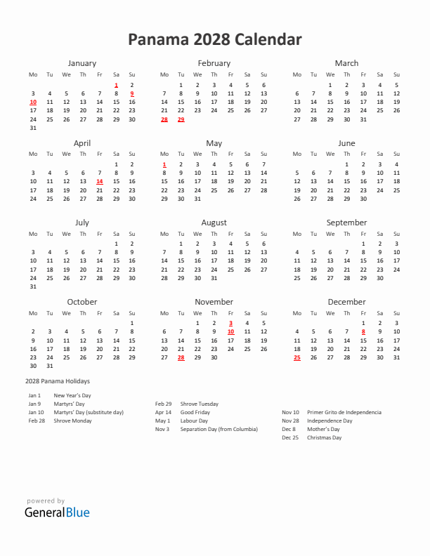 2028 Yearly Calendar Printable With Panama Holidays