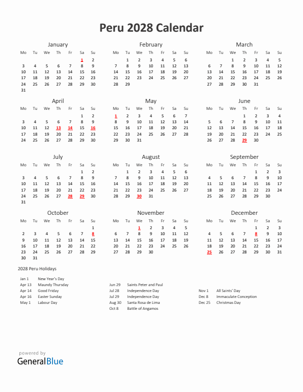 2028 Yearly Calendar Printable With Peru Holidays