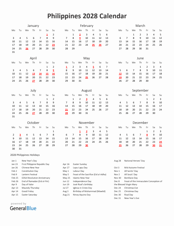 2028 Yearly Calendar Printable With Philippines Holidays