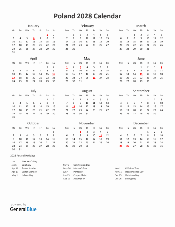 2028 Yearly Calendar Printable With Poland Holidays