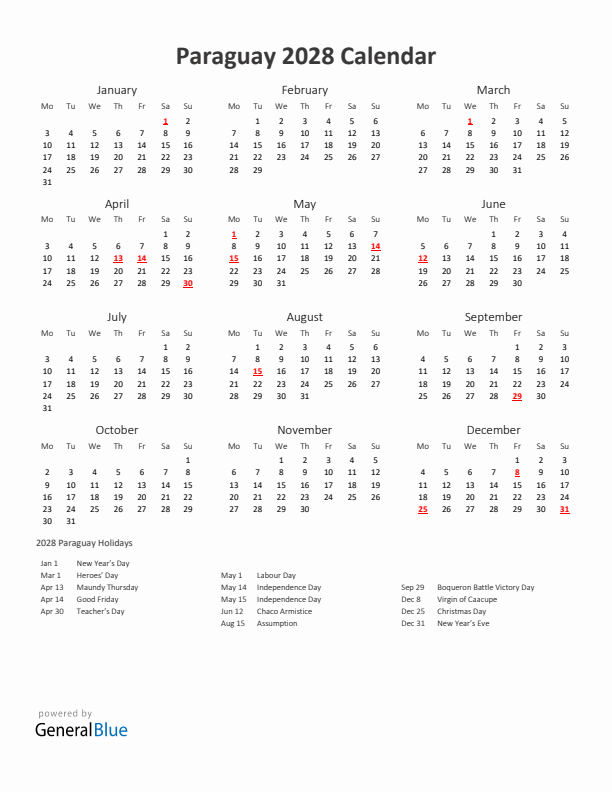 2028 Yearly Calendar Printable With Paraguay Holidays
