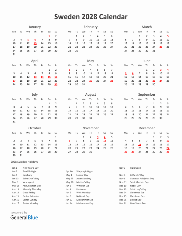 2028 Yearly Calendar Printable With Sweden Holidays