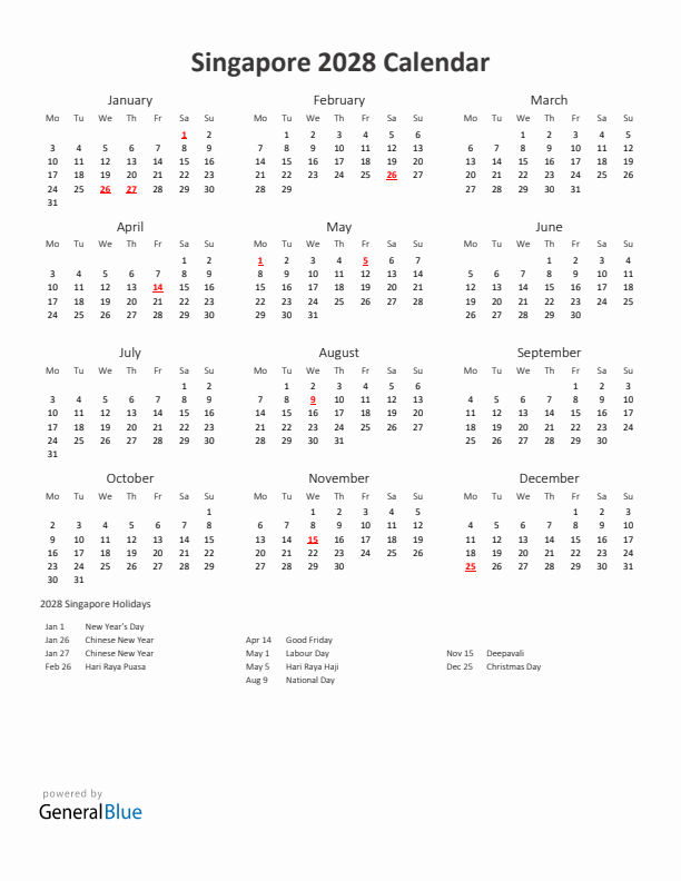 2028 Yearly Calendar Printable With Singapore Holidays
