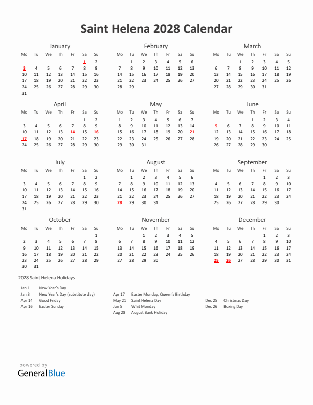 2028 Yearly Calendar Printable With Saint Helena Holidays