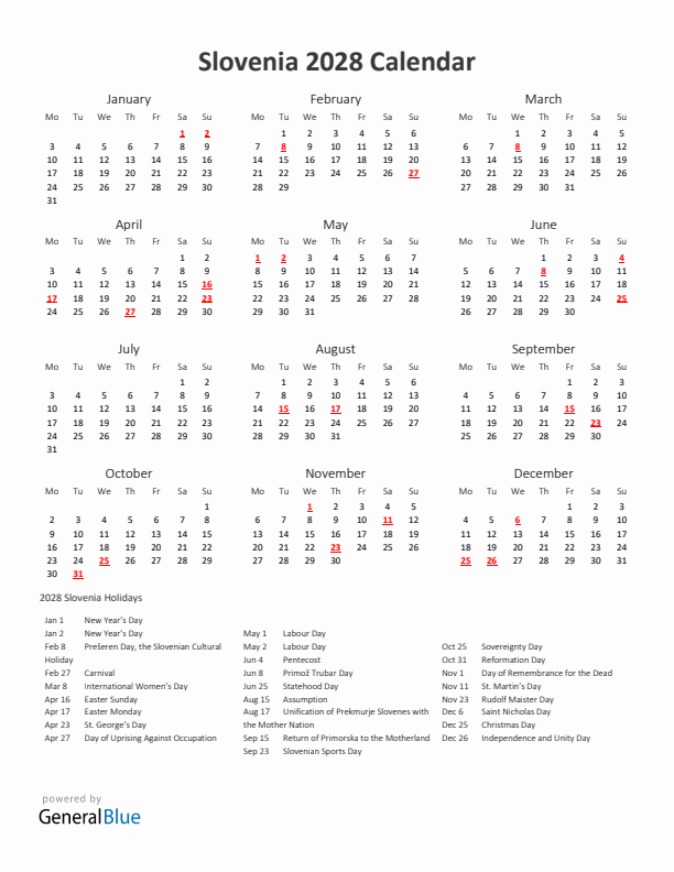 2028 Yearly Calendar Printable With Slovenia Holidays