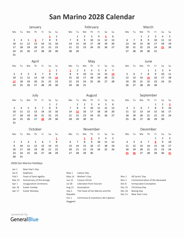 2028 Yearly Calendar Printable With San Marino Holidays