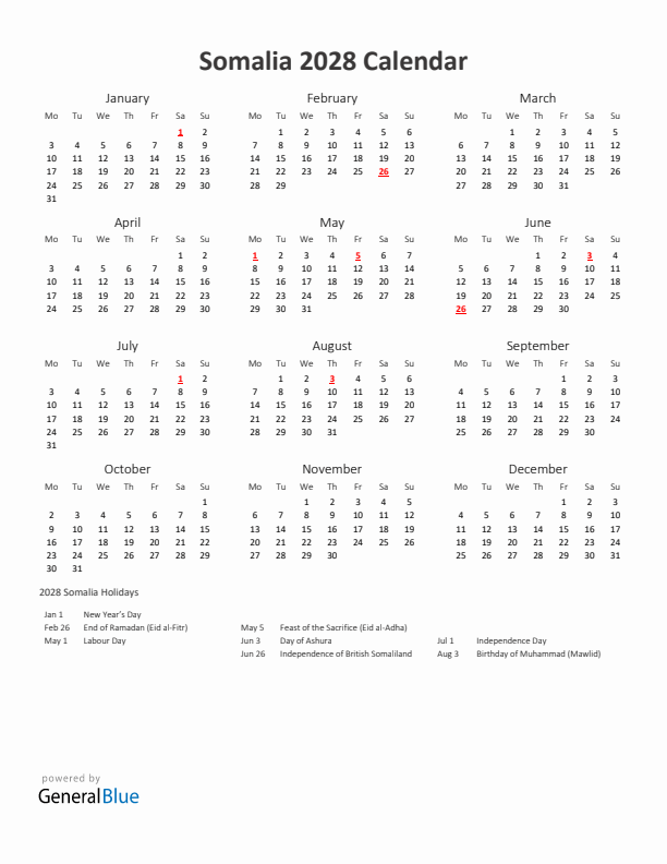 2028 Yearly Calendar Printable With Somalia Holidays