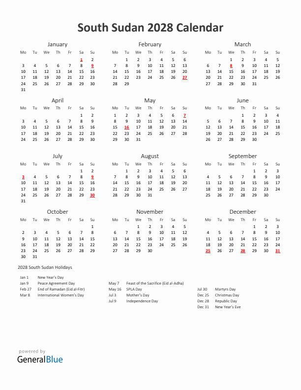 2028 Yearly Calendar Printable With South Sudan Holidays